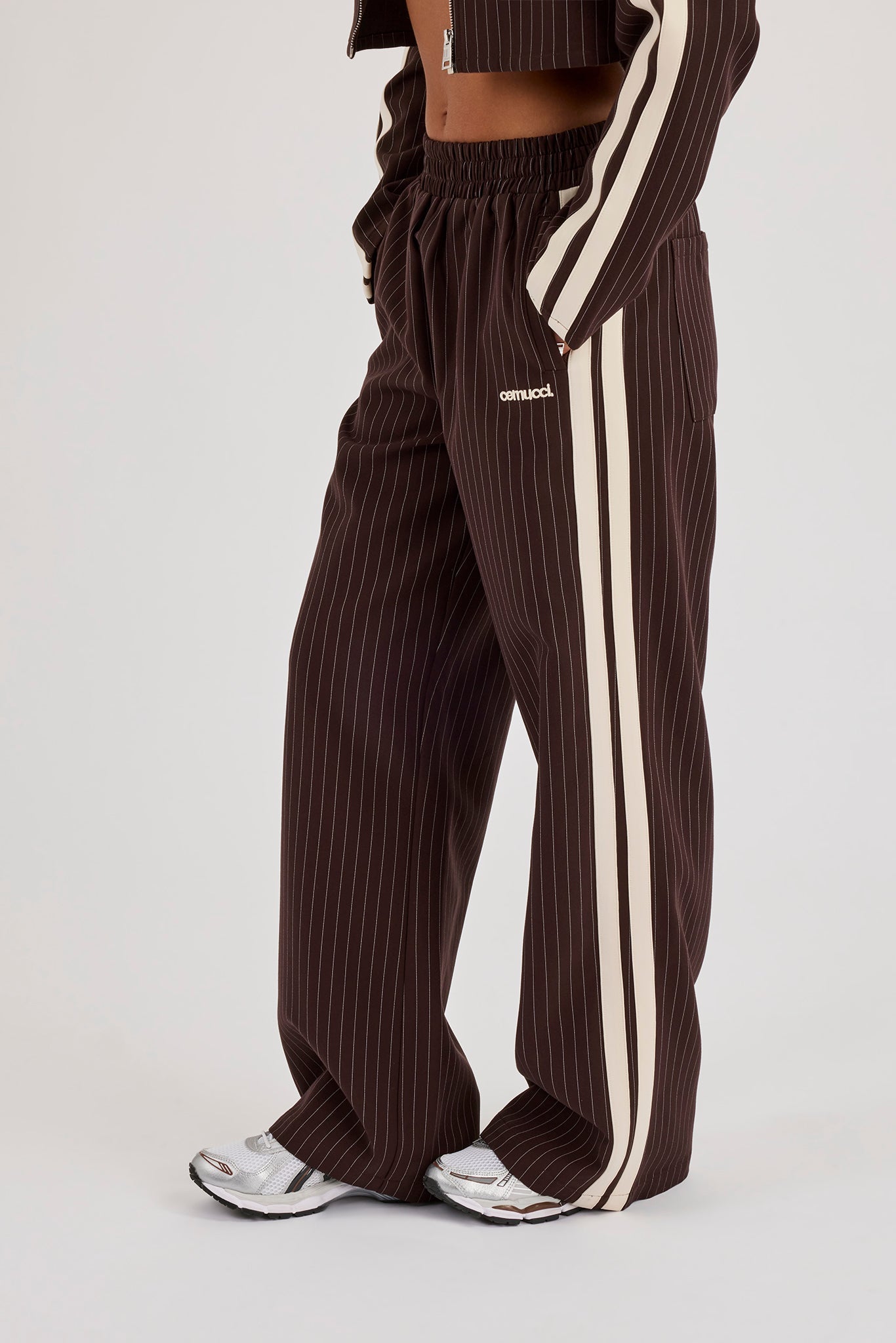 Pinstripe Taping Wide Leg Track Pant - Chocolate
